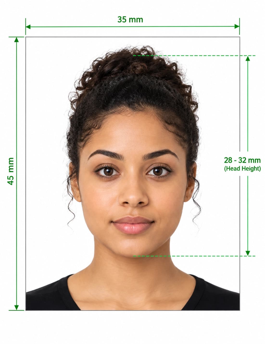Two example U.S. passport photos, a man and a woman, each measured at 2 × 2 inches (600 × 600 pixels) with the head centered.