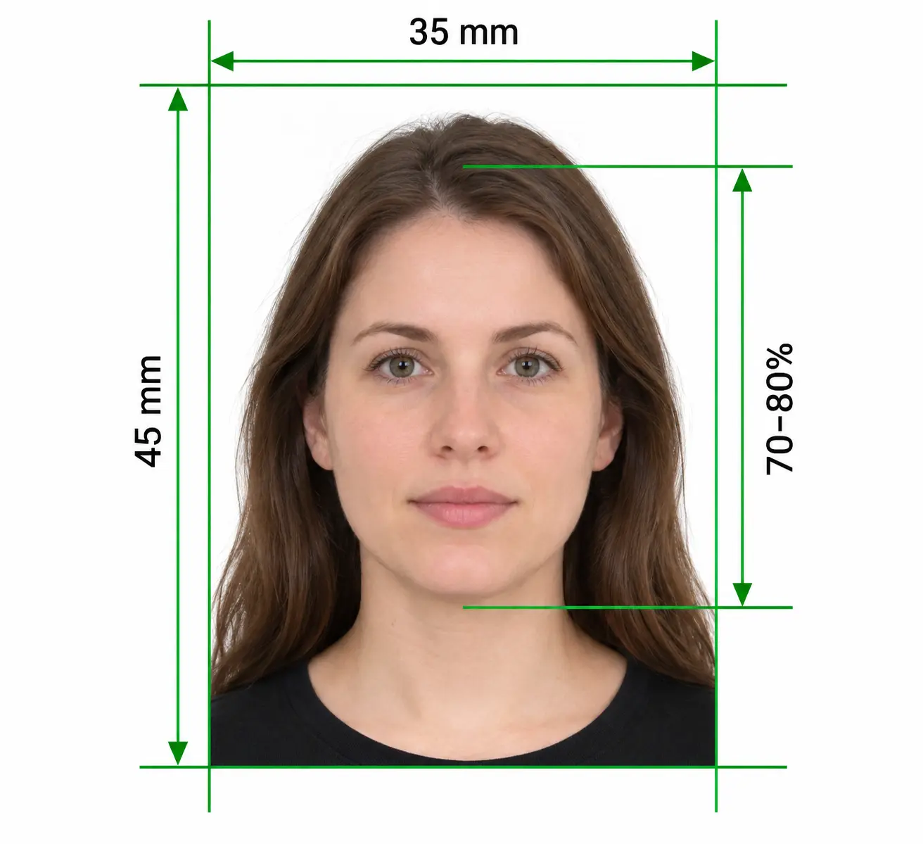 Example Schengen visa photo of a woman on a white background, measured at 35 × 45 mm with the face taking up 70–80% of the photo height.